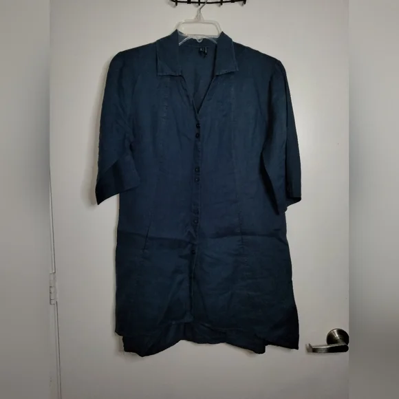 Stella Carakasi (Size S) Navy Blue 100% Hemp Button Down Front Tiburon Tunic Top - Picture 10 of 15